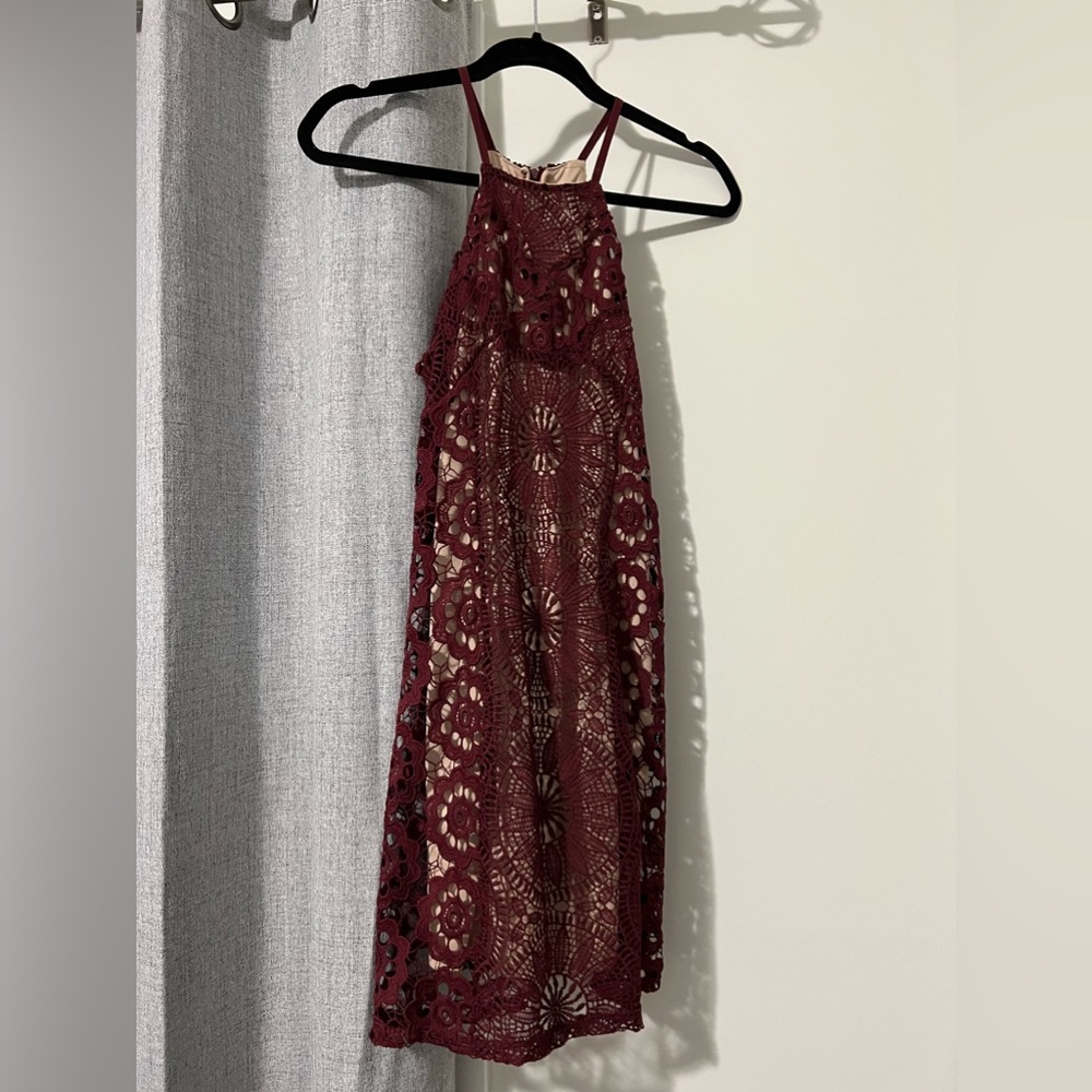 XS halter strapped crochet dress with nude underlay